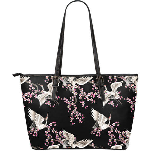 Japanese Crane Pink Sakura Pattern Large Leather Tote Bag