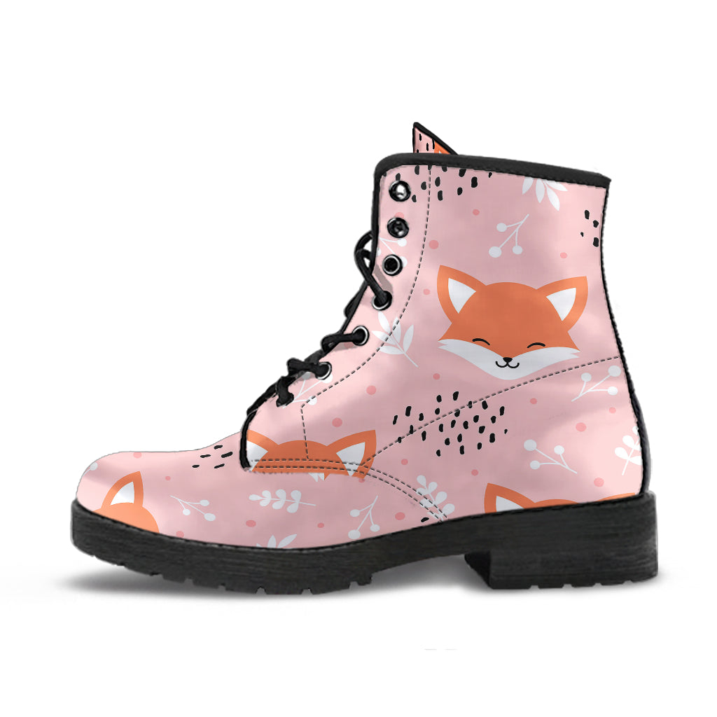 Cute Fox Pattern Pink Background Leather Boots