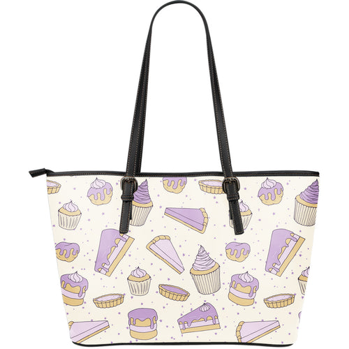 Cakes Pies Tarts Muffins And Eclairs Purple Blueberry Topping Pattern Large Leather Tote Bag