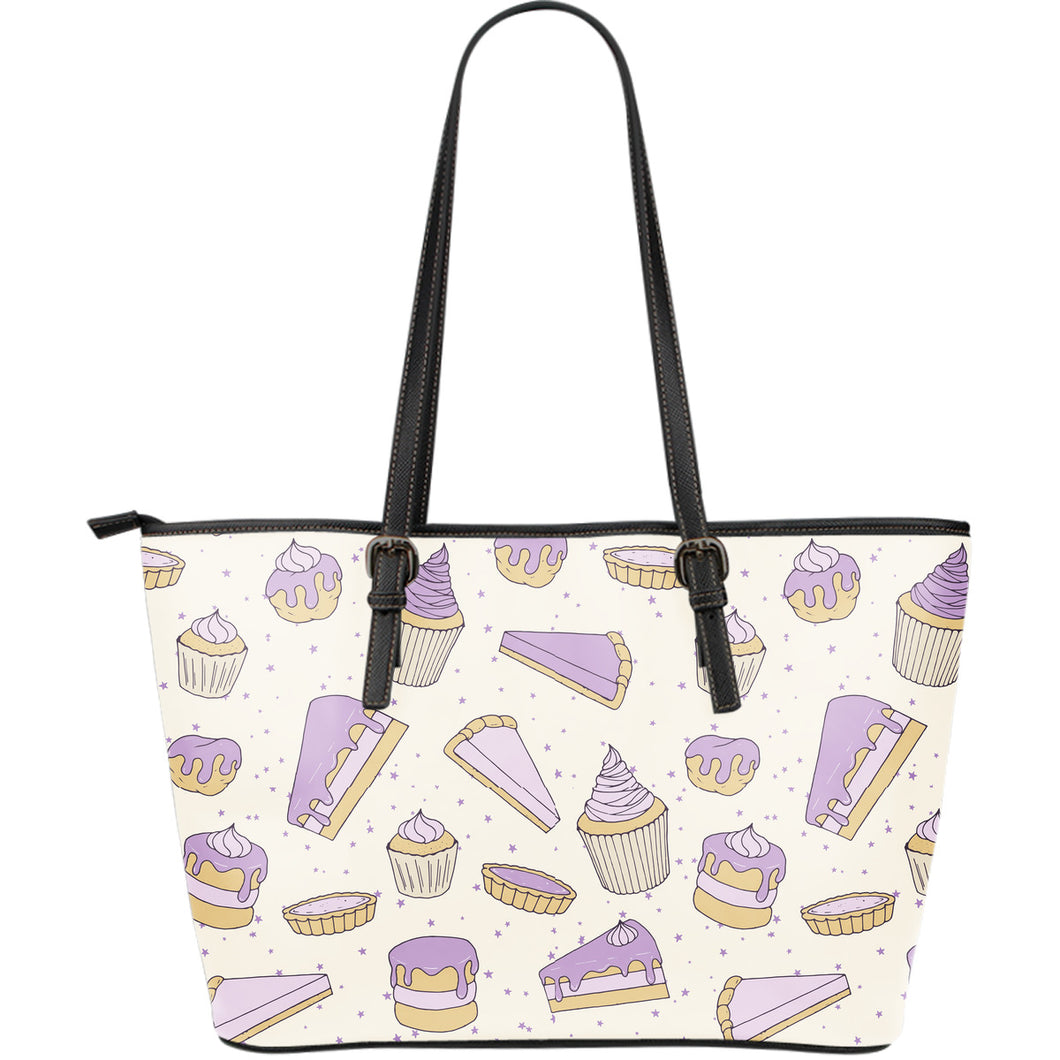 Cakes Pies Tarts Muffins And Eclairs Purple Blueberry Topping Pattern Large Leather Tote Bag