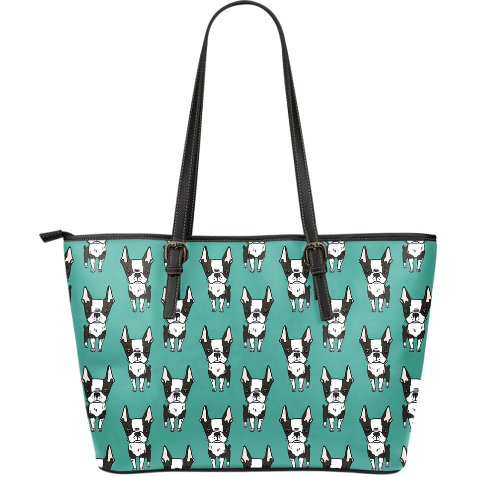 Hand Drawn Boston Terrier Dog Pattern Large Leather Tote Bag