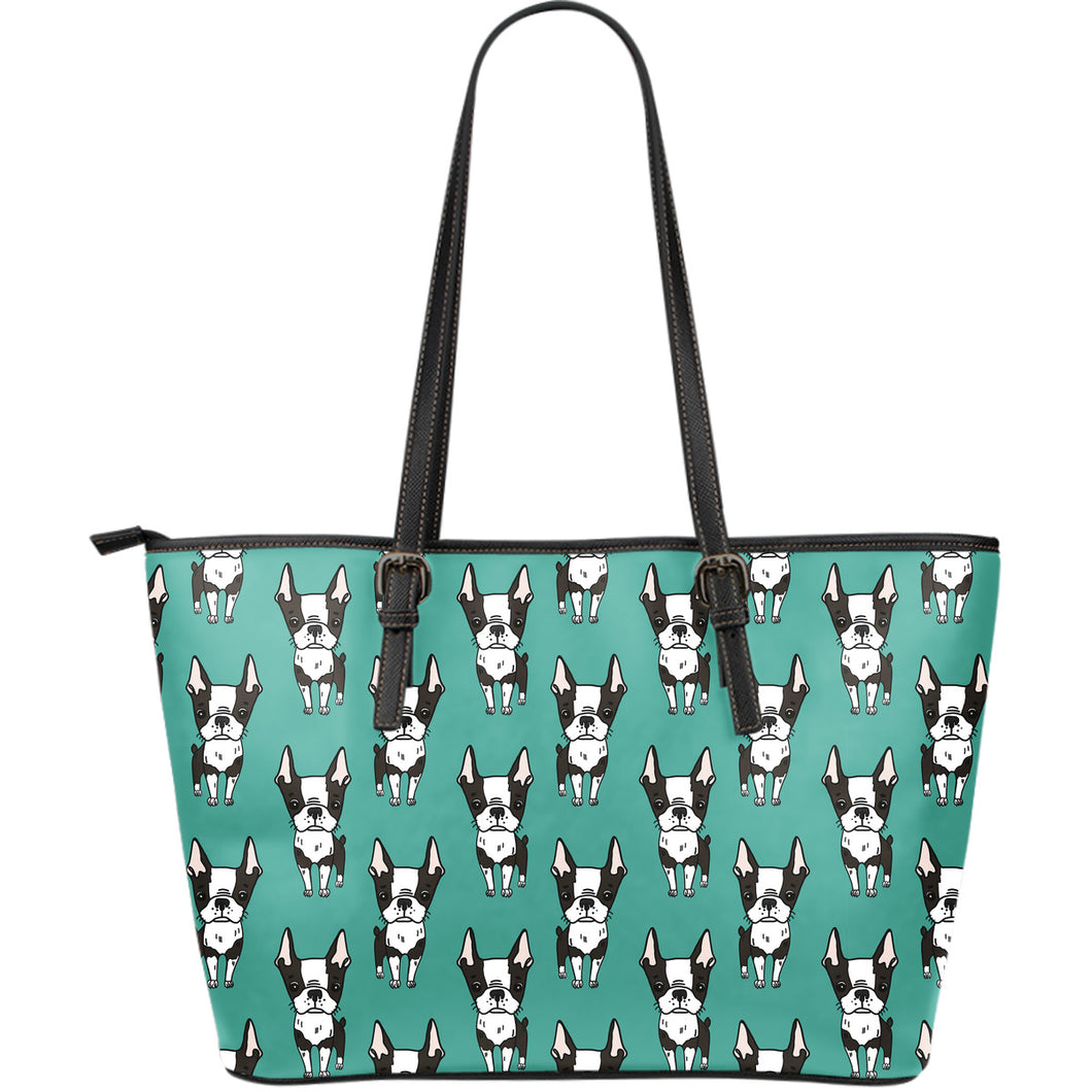 Hand Drawn Boston Terrier Dog Pattern Large Leather Tote Bag