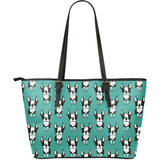 Hand Drawn Boston Terrier Dog Pattern Large Leather Tote Bag