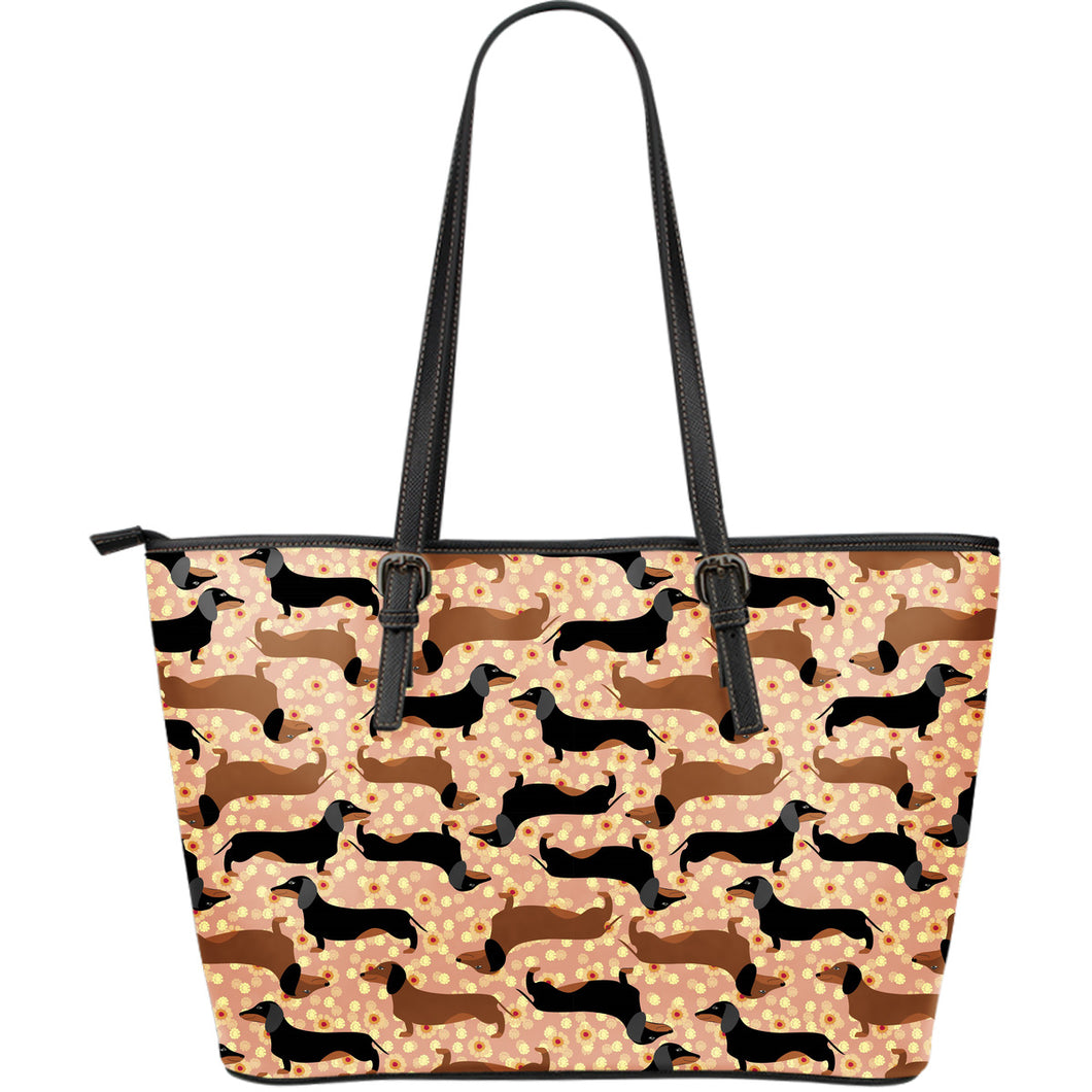 Dachshund Floral Background Large Leather Tote Bag