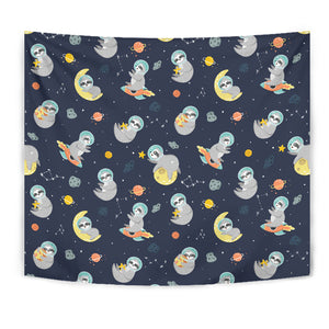 Cute Sloth Astronaut Star Planet Rocket Pattern Wall Tapestry