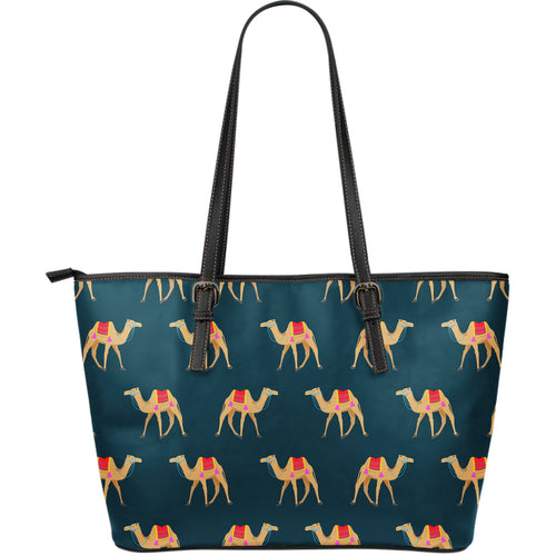 Camel Pattern Blue Blackground Large Leather Tote Bag