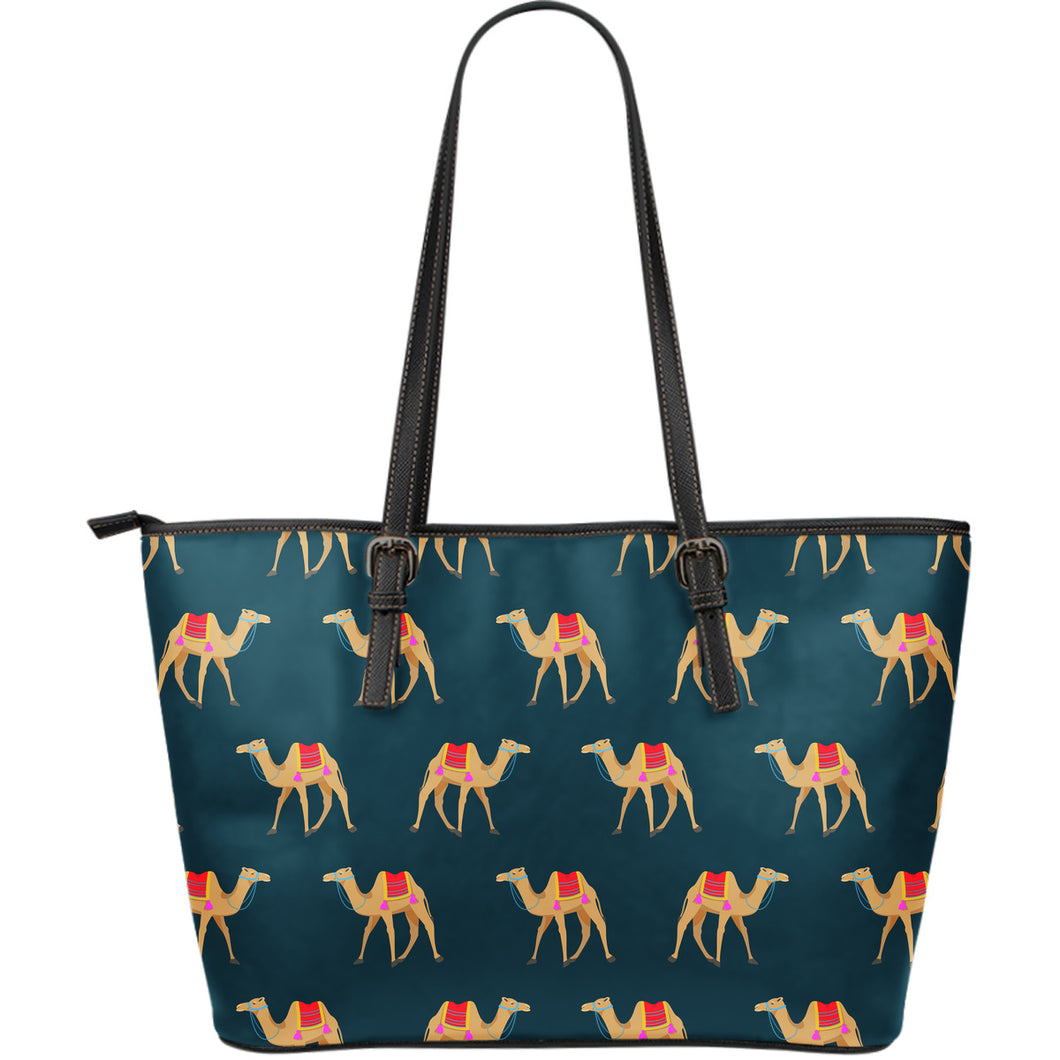Camel Pattern Blue Blackground Large Leather Tote Bag