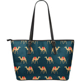 Camel Pattern Blue Blackground Large Leather Tote Bag