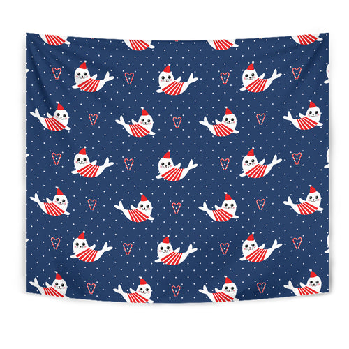 Cute Sea Lion Seal Christmas Hat Candy Cane Heart Pattern Wall Tapestry