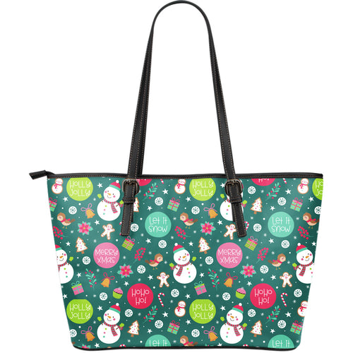 Snowman Bird Decorative Elements Christmas Pattern Large Leather Tote Bag