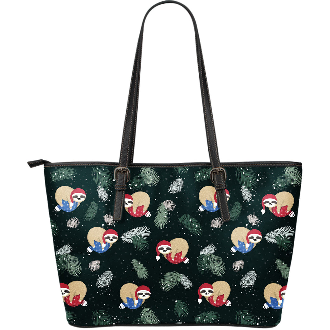 Cute Sloths Sleeping Christmas Ball Santa Hat Pattern Large Leather Tote Bag