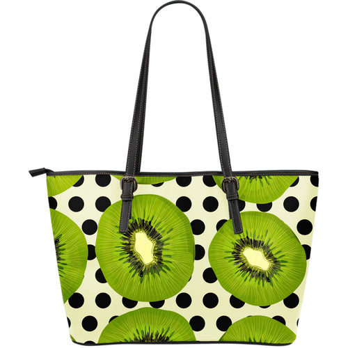 Kiwi Black Dot Background Large Leather Tote Bag