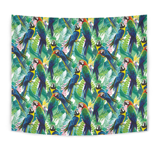 Colorful Parrot Exotic Flower Leaves Wall Tapestry
