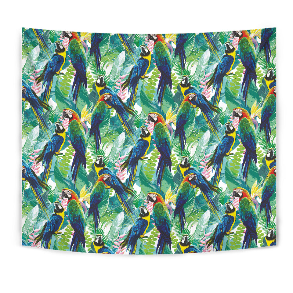 Colorful Parrot Exotic Flower Leaves Wall Tapestry