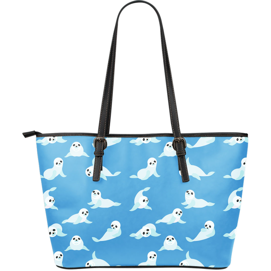 Cute Sea Lion Seal Pattern Background Large Leather Tote Bag