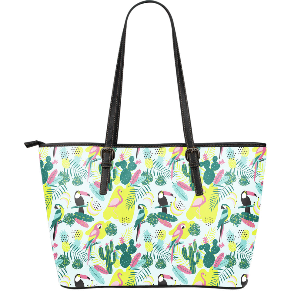 Cute Parrot Toucan Flamingo Cactus Exotic Leaves Pattern Large Leather Tote Bag