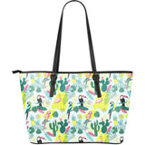 Cute Parrot Toucan Flamingo Cactus Exotic Leaves Pattern Large Leather Tote Bag