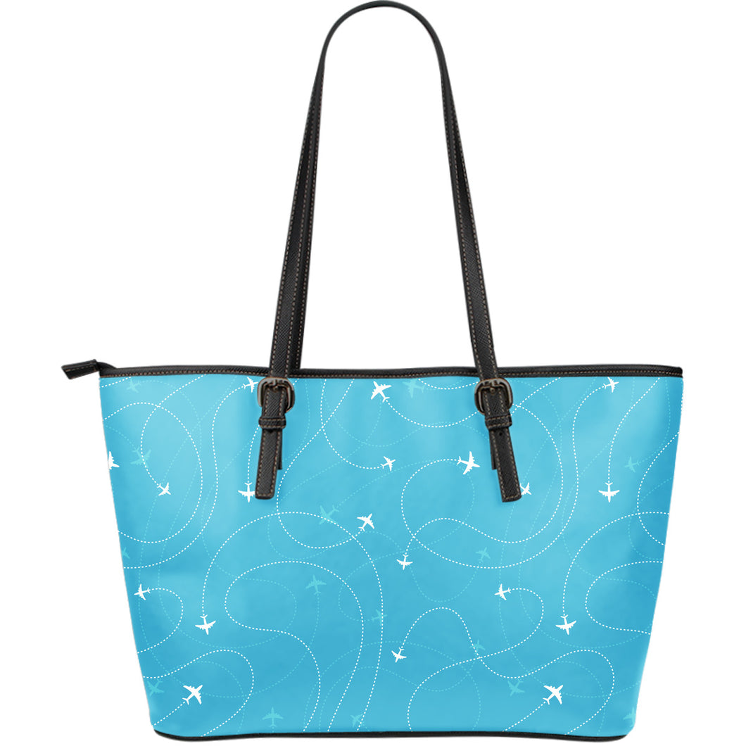 Airplane Destinations Blue Background Large Leather Tote Bag