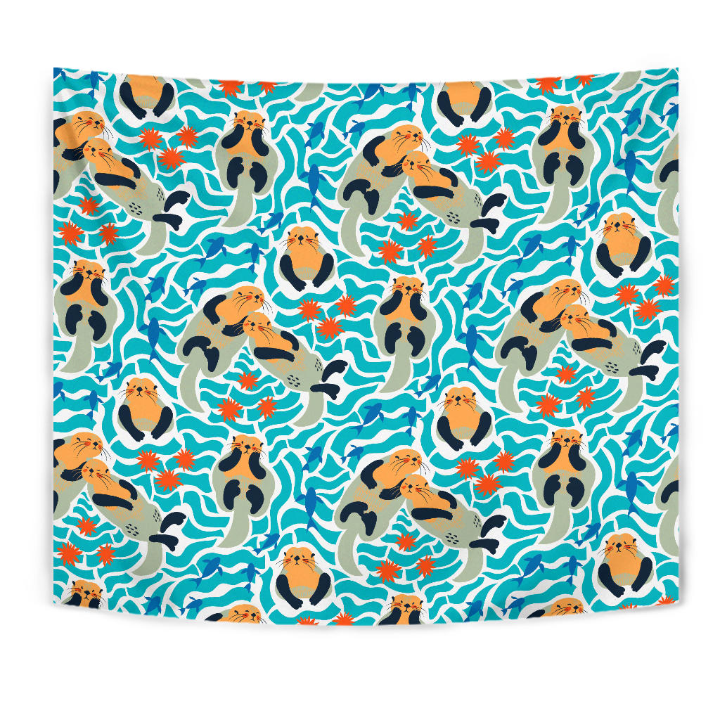 Cute Sea Otters Fishe Sea Urchin Pattern Wall Tapestry