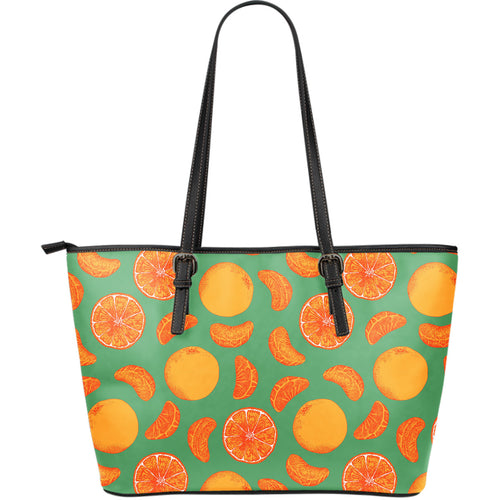 Orange Fruit Pattern Green Background Large Leather Tote Bag