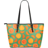 Orange Fruit Pattern Green Background Large Leather Tote Bag