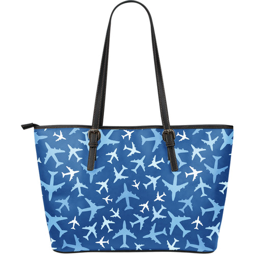 Airplane Pattern In The Sky Large Leather Tote Bag