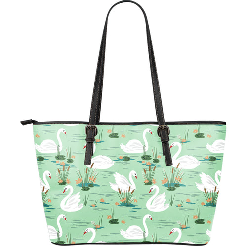 White Swan Lake Pattern Large Leather Tote Bag