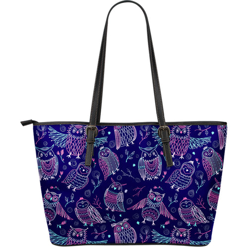 Cute Owls Pattern Boho Style Ornament Large Leather Tote Bag