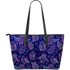 Cute Owls Pattern Boho Style Ornament Large Leather Tote Bag