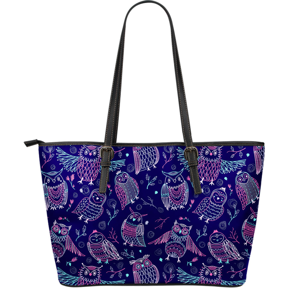 Cute Owls Pattern Boho Style Ornament Large Leather Tote Bag