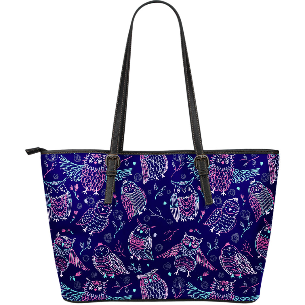Cute Owls Pattern Boho Style Ornament Large Leather Tote Bag