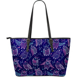 Cute Owls Pattern Boho Style Ornament Large Leather Tote Bag