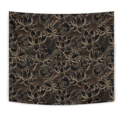 Luxurious Gold Lotus Waterlily Black Background Wall Tapestry
