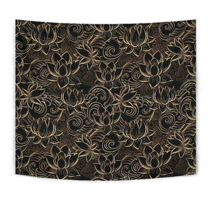 Luxurious Gold Lotus Waterlily Black Background Wall Tapestry