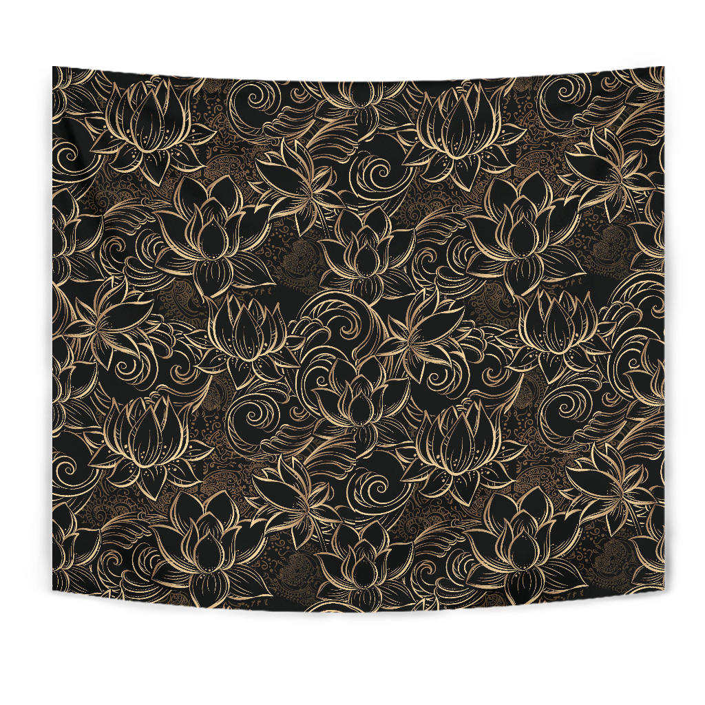 Luxurious Gold Lotus Waterlily Black Background Wall Tapestry