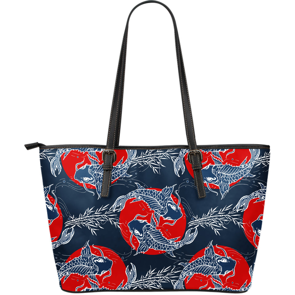 Koi Fish Carp Fishs Hand Drawn Japanese Art Large Leather Tote Bag