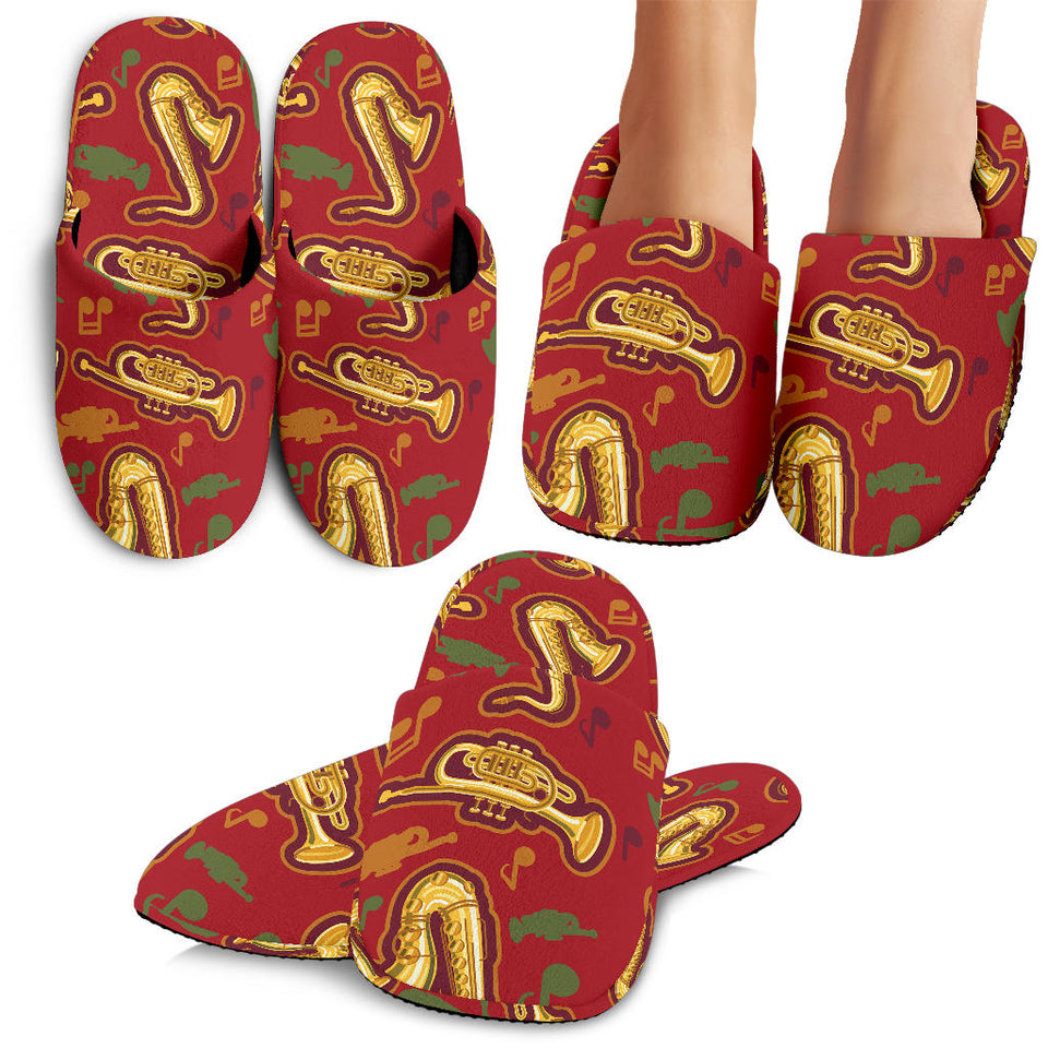 Saxophone Cornet Pattern Red Background Slippers