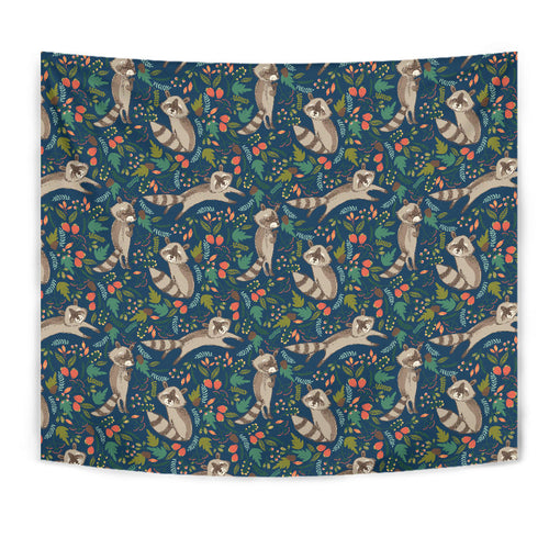Raccoon Tropical Leaves Pattern Wall Tapestry