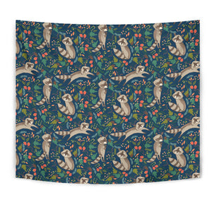 Raccoon Tropical Leaves Pattern Wall Tapestry