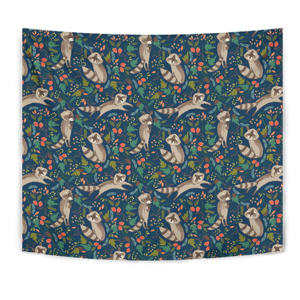 Raccoon Tropical Leaves Pattern Wall Tapestry