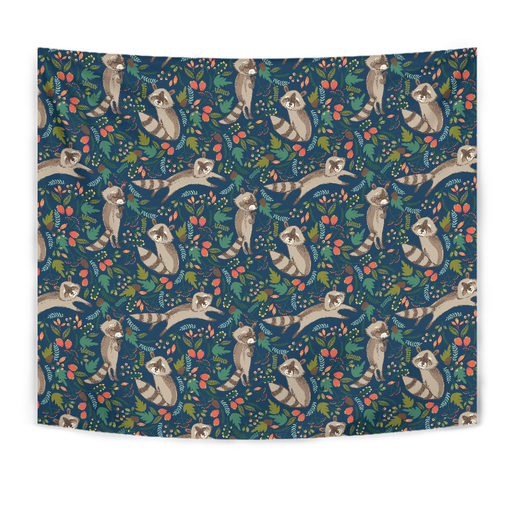 Raccoon Tropical Leaves Pattern Wall Tapestry