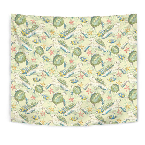 Hand Drawn Sea Turtle Fish Pattern Wall Tapestry