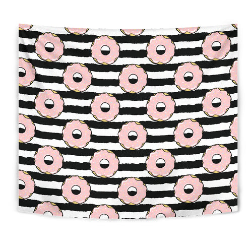 Donuts Pink Icing Striped Pattern Wall Tapestry