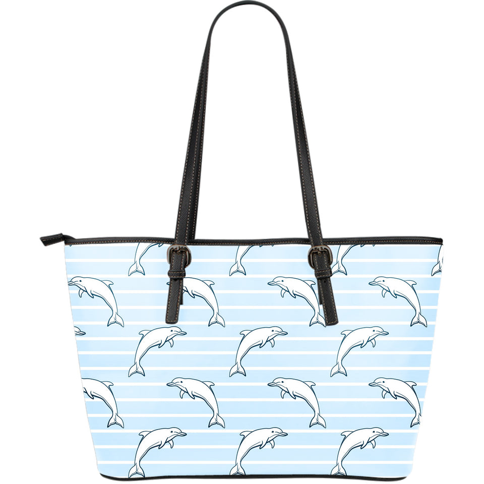 Dolphin Blue Striped Background Large Leather Tote Bag