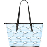 Dolphin Blue Striped Background Large Leather Tote Bag