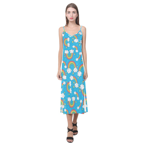 Rainbows Sky Clouds Pattern V-Neck Open Fork Long Dress