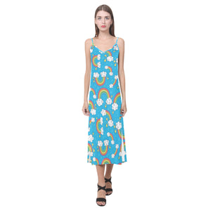 Rainbows Sky Clouds Pattern V-Neck Open Fork Long Dress
