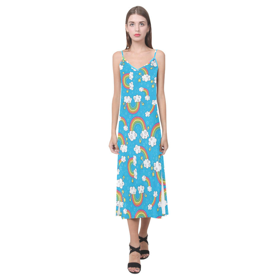 Rainbows Sky Clouds Pattern V-Neck Open Fork Long Dress