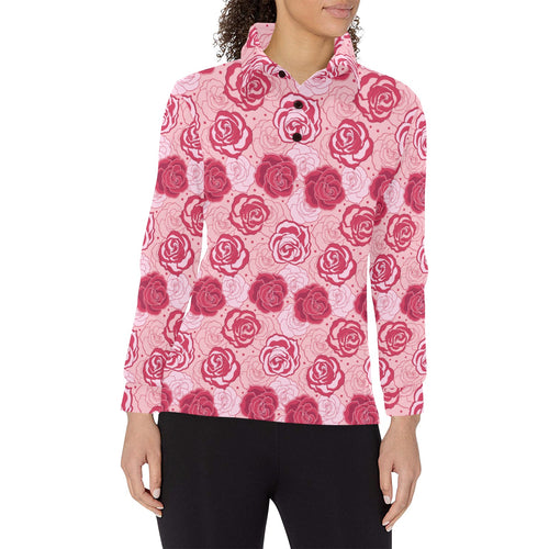 Rose Pattern Print Design 02 Women's Long Sleeve Polo Shirt
