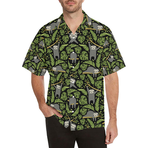 Cute sloths tropical palm leaves black background Men's All Over Print Hawaiian Shirt